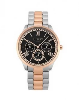 image of Lipsy Lipsy Two-Tone Silver/Rose Gold Centre Bracelet With Black Satin Fan Texture Dial And None