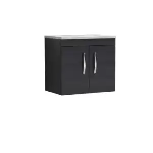 image of Nuie Athena 600 Wall Hung 2-door Vanity & Bellato Grey Worktop - Black Woodgrain