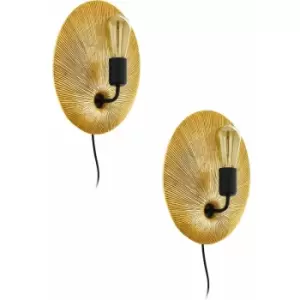 image of Loops - 2 pack Wall Light Colour Gold BlackFan Shaped Back Plate Plug In Bulb E27 1x60W