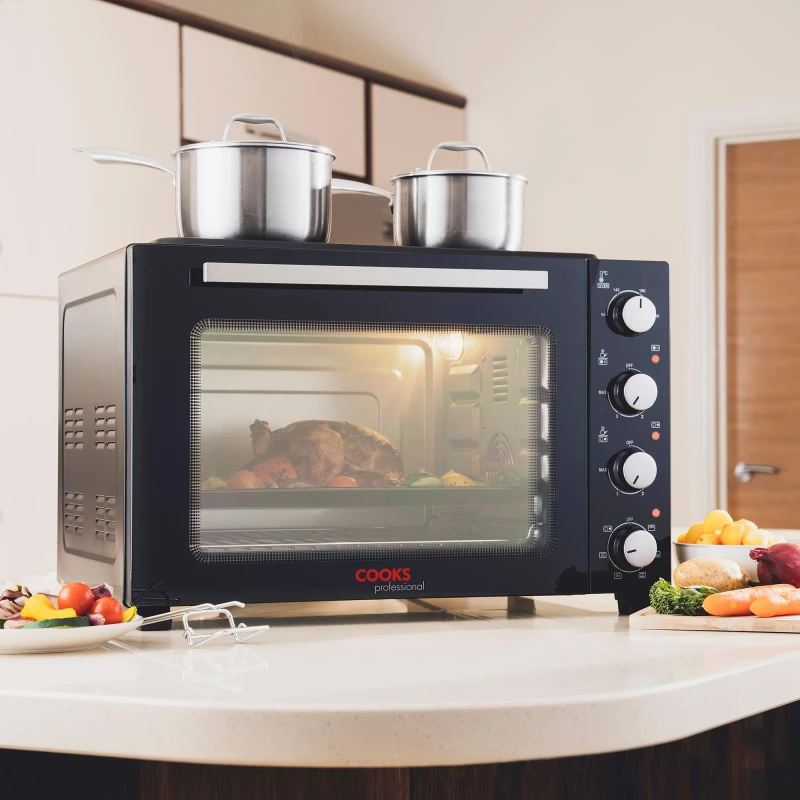 Image of Cooks Professional 48L Mini Oven Hob Cooker Grill With Electric Hob Double Hotplate Tabletop Black