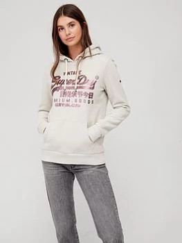 Image of Superdry Vintage Logo Foil Hoodie - Stone, Beige, Size 12, Women