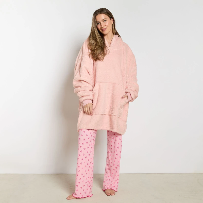 Image of OHS OHS Teddy Fleece Sherpa Hooded Blanket Oversized Adults Throw in Light Pink Light Pink One Size Unisex 5027434150014