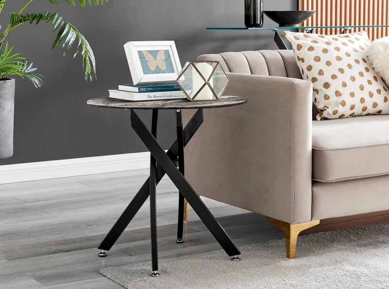 Image of FurnitureboxUK FurnitureboxUK Novara Round Marble Effect Glass Top Side Table With Black Metal Starburst Legs in Grey Grey One Size Unisex 50565426937