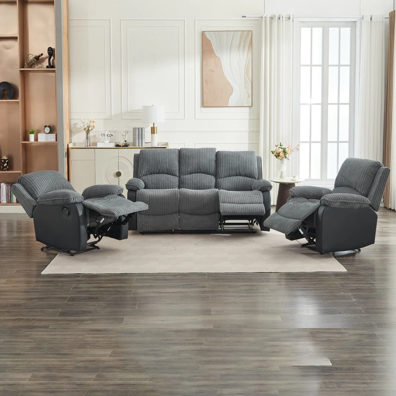 Image of FURNITURE ONE Manual Reclining Sofa Set, Corduroy Fabric Sofa Suite - 1+1+3 Sofa Set in Grey Size: 1 Pack Grey Unisex 1 Pack