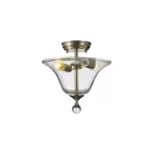 image of Dresden 2 Light Semi Flush Ceiling Lamp E27 With Smooth Bell 30cm Glass Shade Satin Nickel, Clear