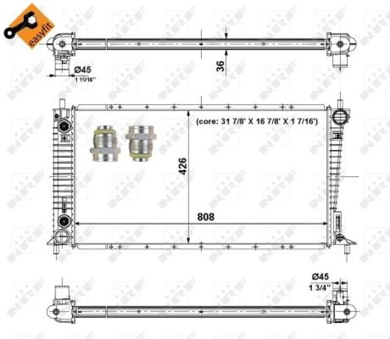 Image of NRF 56035 Engine radiator EASY FIT, Brazed cooling fins, Aluminium, with adapter Aluminium Radiator,engine cooling (470)