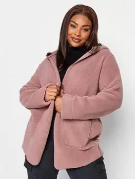 Image of Yours Pink Teddy Hooded Jacket, Pink, Size 16, Women