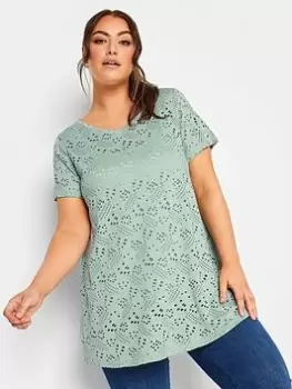 Image of Yours Broderie Swing T-Shirt, Green, Size 18, Women