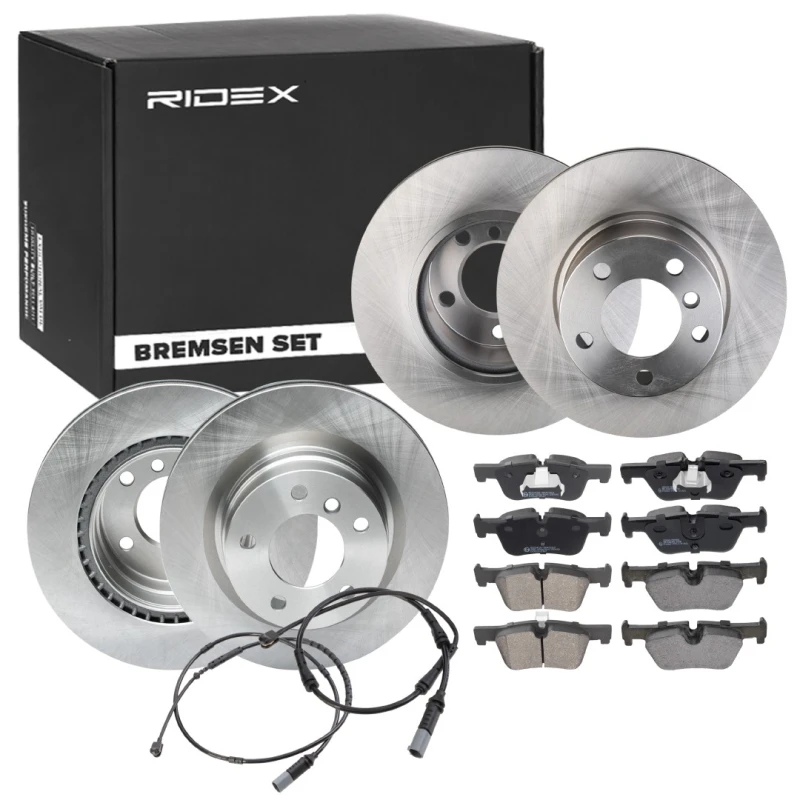 Image of RIDEX 3405B1742 Brake disc and pads set Rear Axle, Brake Disc Type: Vented, prepared for wear warning indicator, with piston clip Brake Set,disc brak