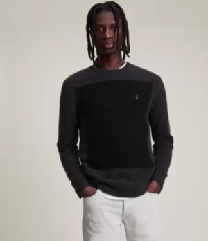 Image of AllSaints Mens Lobke Knit Crew Jumper, Cinder Black Marl, Size: XL