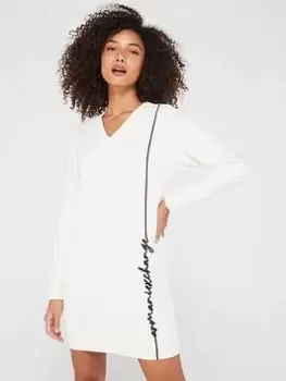 Image of Armani Exchange Script Logo V-neck Jersey Dress - Cream, Size L, Women