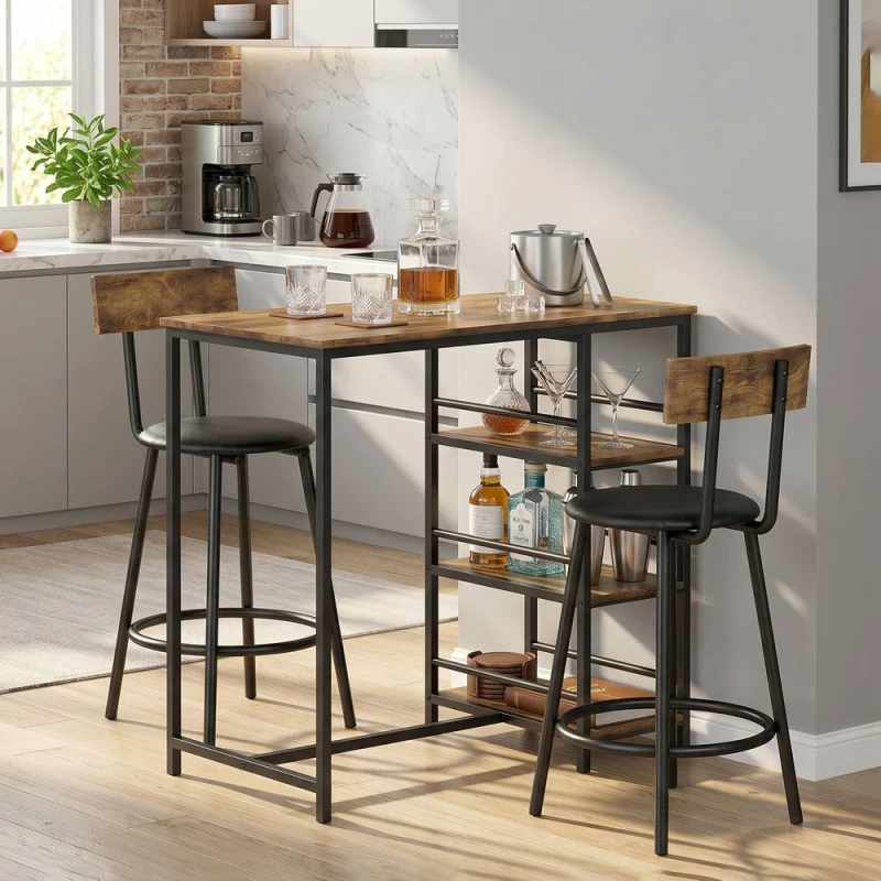 Image of HOMCOM Space Saving Bar Table & PU Leather Stools for 2, Rustic Brown Brown Unisex