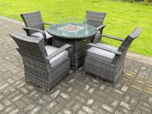 image of Fimous 4 Seater Outdoor Dark Grey Rattan Lounge Complete Dining Set with Gas Fire Pit and Round Dining Table