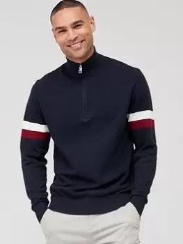 Image of Tommy Hilfiger Global Stripe Zip Neck Jumper, Blue, Size S, Men