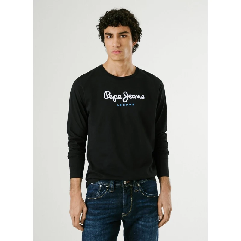 Image of Pepe Jeans Eggo Crew Neck T-Shirt with Long Sleeves Black Cotton S