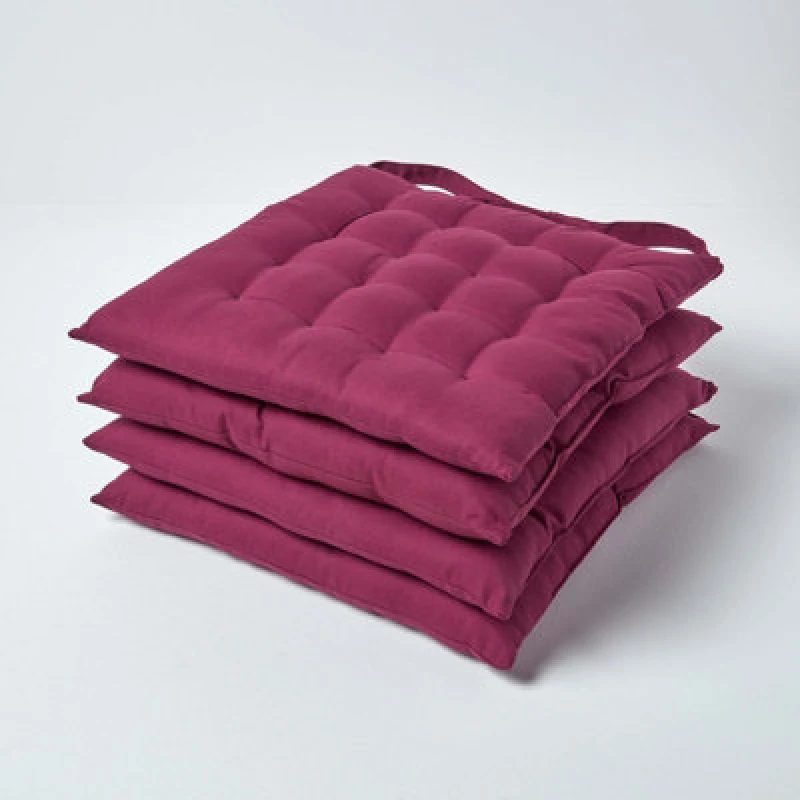 Image of Homescapes Plum Seat Pads 100% Cotton Chair Cushions 40X40 Cm, Set Of 4 Plain Chair Pads For Dining, Kitchen Or Garden Outdoor