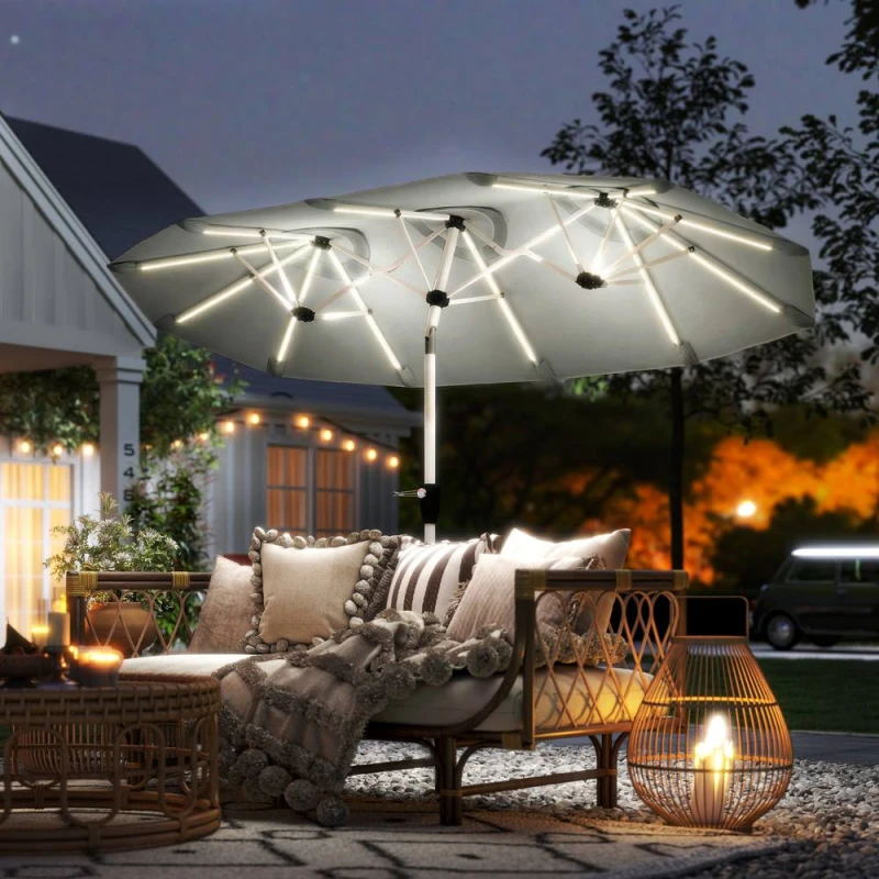 Image of OUTSUNNY 3m Double-Sided Garden Parasol with Solar Lights, Grey Size: 3m Grey Unisex 3m