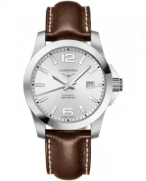 image of Longines Conquest Automatic Silver Dial Brown Leather Strap Mens Watch L3.777.4.76.5 L3.777.4.76.5