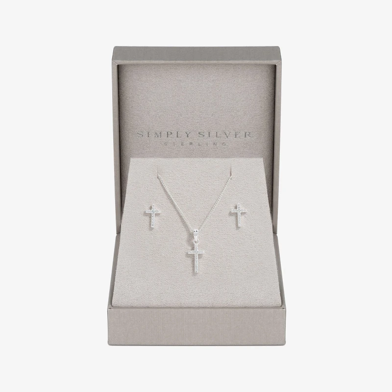Image of Simply Silver Sterling Silver 925 Cubic Zirconia Cross Set Jewellery Sets One Size Silver 71577811000