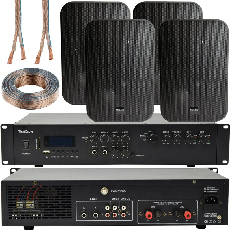 Image of Loops 400W Bluetooth Sound System 4x Black 200W Wall Speaker Channel HiFi Amplifier Black unisex