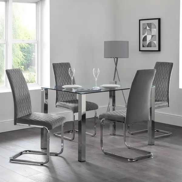 Image of Enzo Rectangular Glass Top Dining Table with 4 Calabria Chairs Grey