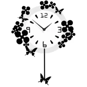 image of Premier Housewares Flower/Butterflies Design Pendulum Wall Clock - Black/White