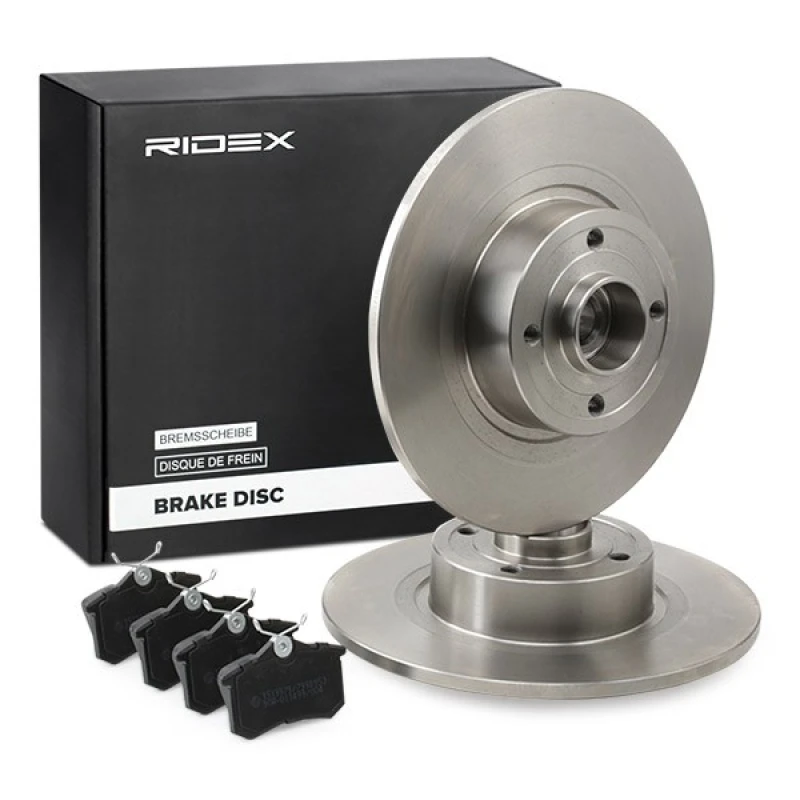 Image of RIDEX 3405B1187 Brake disc and pads set Rear Axle, Brake Disc Type: Solid, not prepared for wear warning indicator, with ABS sensor ring Brake Set,di