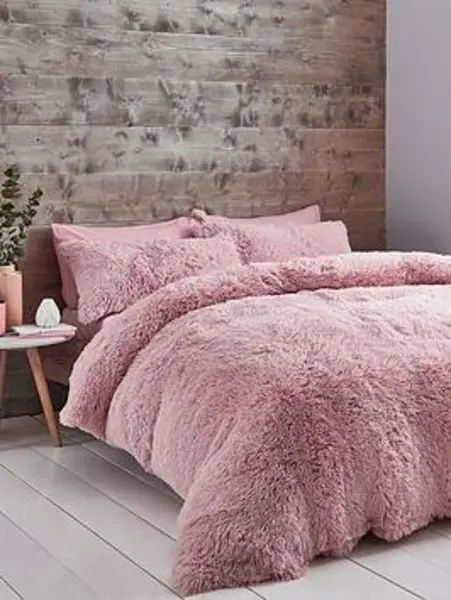 Image of Catherine Lansfield Cuddly Faux Fur Duvet Cover Set - Pink Blush Pink PAARU Unisex Double,King,Single,Super King