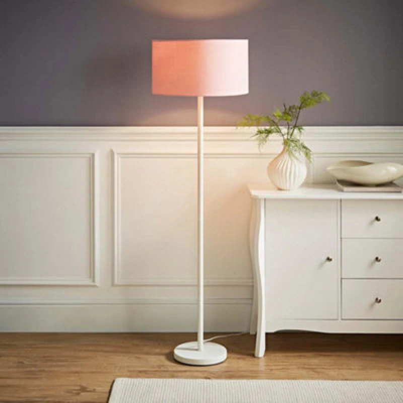Image of ValueLights Charlie White Metal Single Stem Floor Lamp with Fabric Drum Lamp Shade Dusty Pink