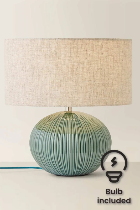 Image of ValueLights ValueLights Rebecca Green Ribbed Ceramic Table Lamp with Linen Drum Shade and Bulb in Dark Green Dark Green One Size Unisex 5059406071102