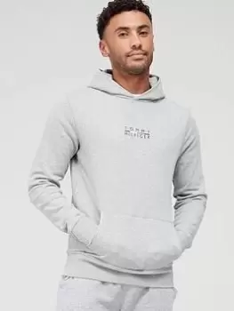 Image of Tommy Hilfiger Organic Cotton Square Logo Overhead Hoodie - Light Grey Heather , Light Grey Heather, Size L, Men