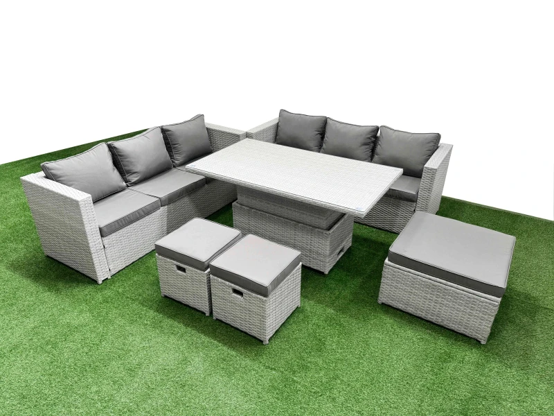 Image of Fimous 6 Pcs Rising Dining Table Set Rattan Furniture Set With 3 Seater Sofa 2 Small Footstools Big Footstool Light Grey