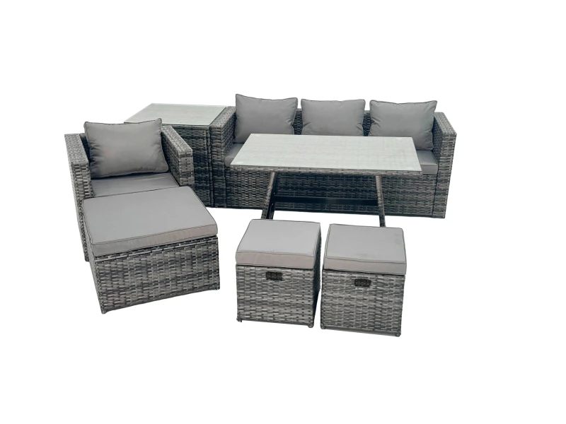 Image of Fimous Rattan Dining Table Sofa Set with Side Table 3 Footstools Outdoor in Dark Grey Dark Grey Unisex