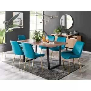 Image of Furniture Box Kylo Brown Wood Effect Dining Table and 6 Blue Pesaro Gold Leg Chairs