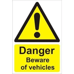 Image of Warehouse Sign 400x600 1mm Plastic Danger beware of vehicles Ref