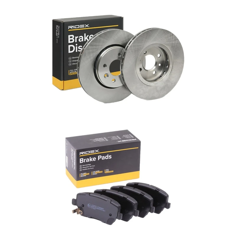 Image of RIDEX 3405B2735 Brake disc and pads set Front Axle, Brake Disc Type: internally vented, with acoustic wear warning Brake Set,disc brakes (3405)