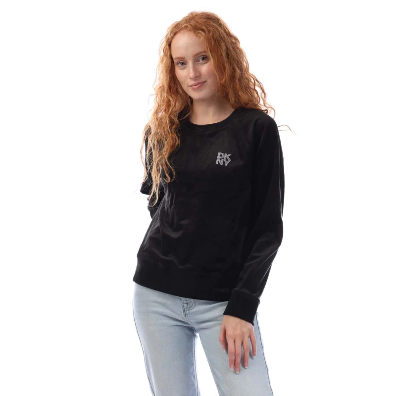 Image of DKNY Rhinestone Velour Logo Crew Neck Sweatshirt Black female XS