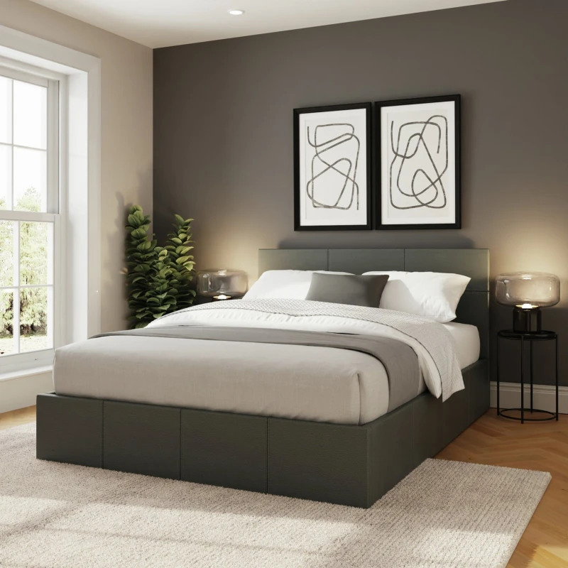 Image of GFW End Lift King Ottoman Grey PU Bed & Bonnel Mattress, Grey EL150GRSB