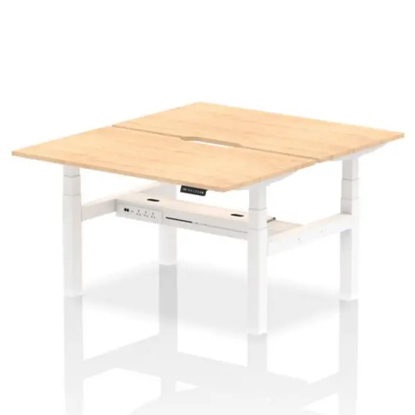 Image of Air Air Back-to-Back 1400 x 800mm Height Adjustable 2 Person Bench Desk Maple Top with Scalloped Edge White Frame HASSE2P14800MPEW