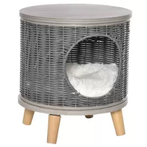 Image of Pawhut Wicker Cat Bed & Cave w/ Ottoman Removable Cushion - Grey