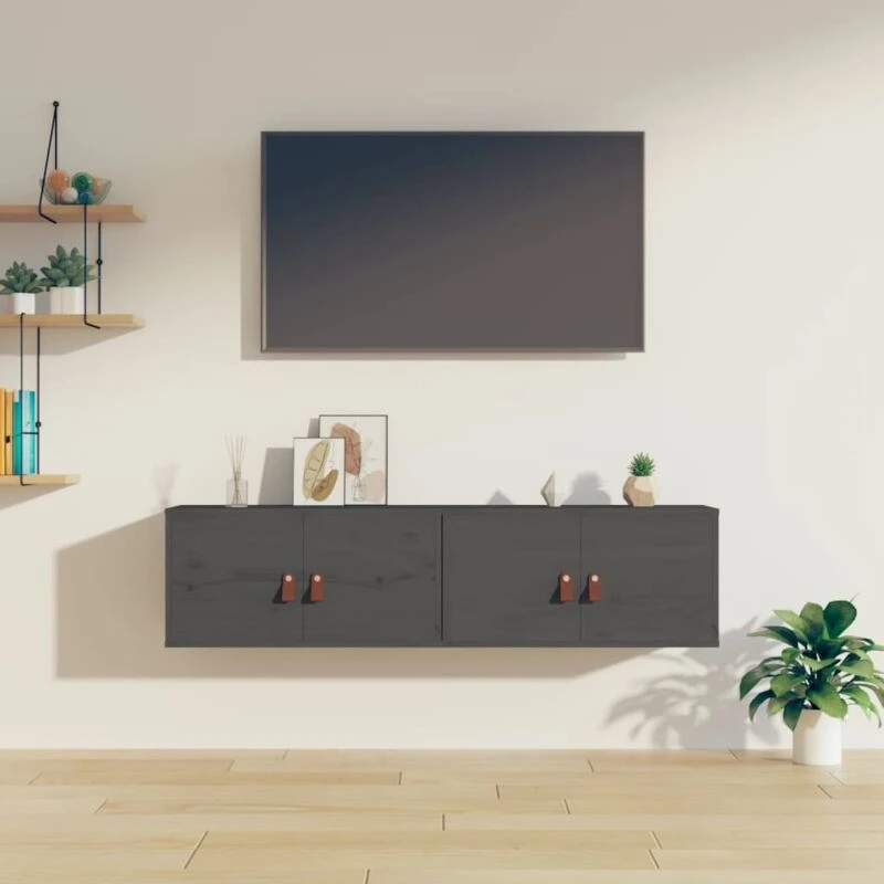Image of Vidaxl Wall Cabinets 2 Pcs Grey 60X30X30 Cm Solid Wood Pine, Grey 818370