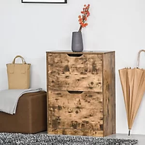 Image of Homcom 2 Drawer Shoe Cabinet Industrial Shoe Cupboard with Flip Doors Rustic Brown