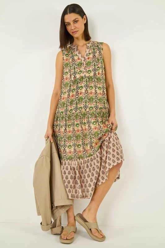 Image of Roman Womens Border Print Smock Dress in Beige Size: 18 Beige Female 18