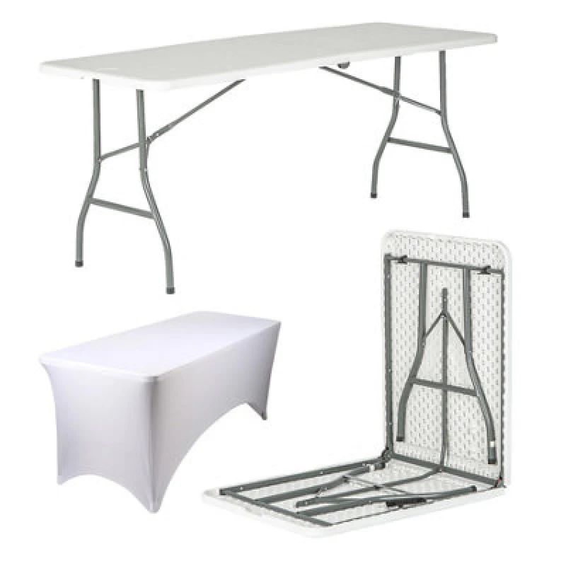 Image of Harbour Housewares Folding Camping Picnic Table With Fitted Tablecloth - 180Cm (6ft) - White/white - Portable Plastic Outdoor Party Display