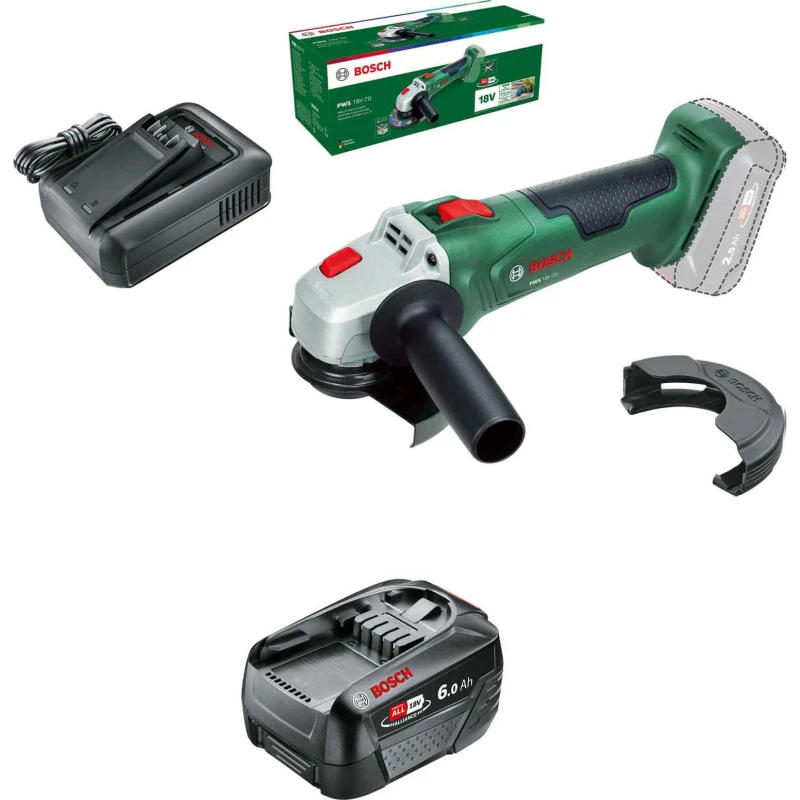 Image of Bosch PWS 18V-70 P4A 18v Cordless Angle Grinder 115mm 1 x 6ah Li-ion Charger No Case PWS 18V-70