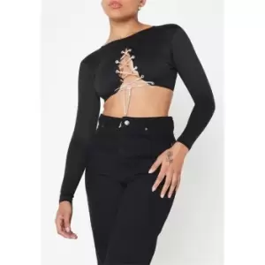 image of Missguided Diamante Lace Up Crop Top - Black