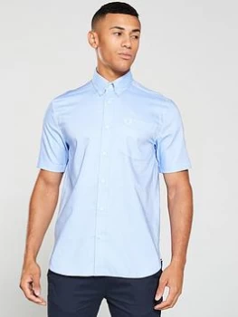 Image of Fred Perry Short Sleeved Oxford Shirt - Blue, Light Smoke, Size S, Men