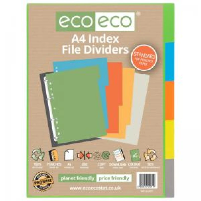 Image of Eco Eco 50% Recycled Index File Divider 5-Part A4 Assorted PECO071-S