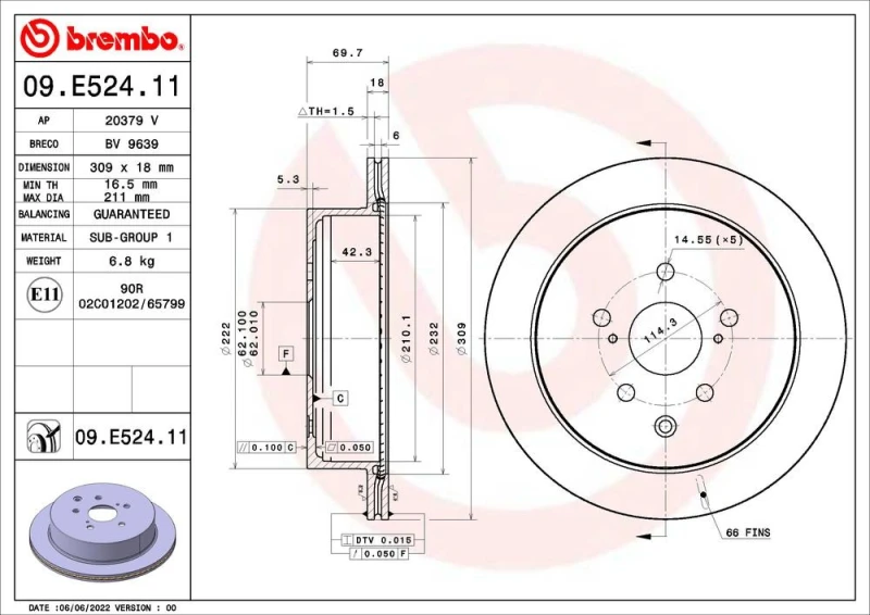 Image of BREMBO Brake disc BREMBO 09.E524.11