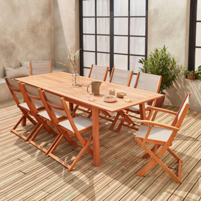 Image of Sweeek - 8-Seater Extendable Wooden Garden Table With 8 Chairs Eucalyptus Wood And Taupe-Grey Textilene - Almeria 8